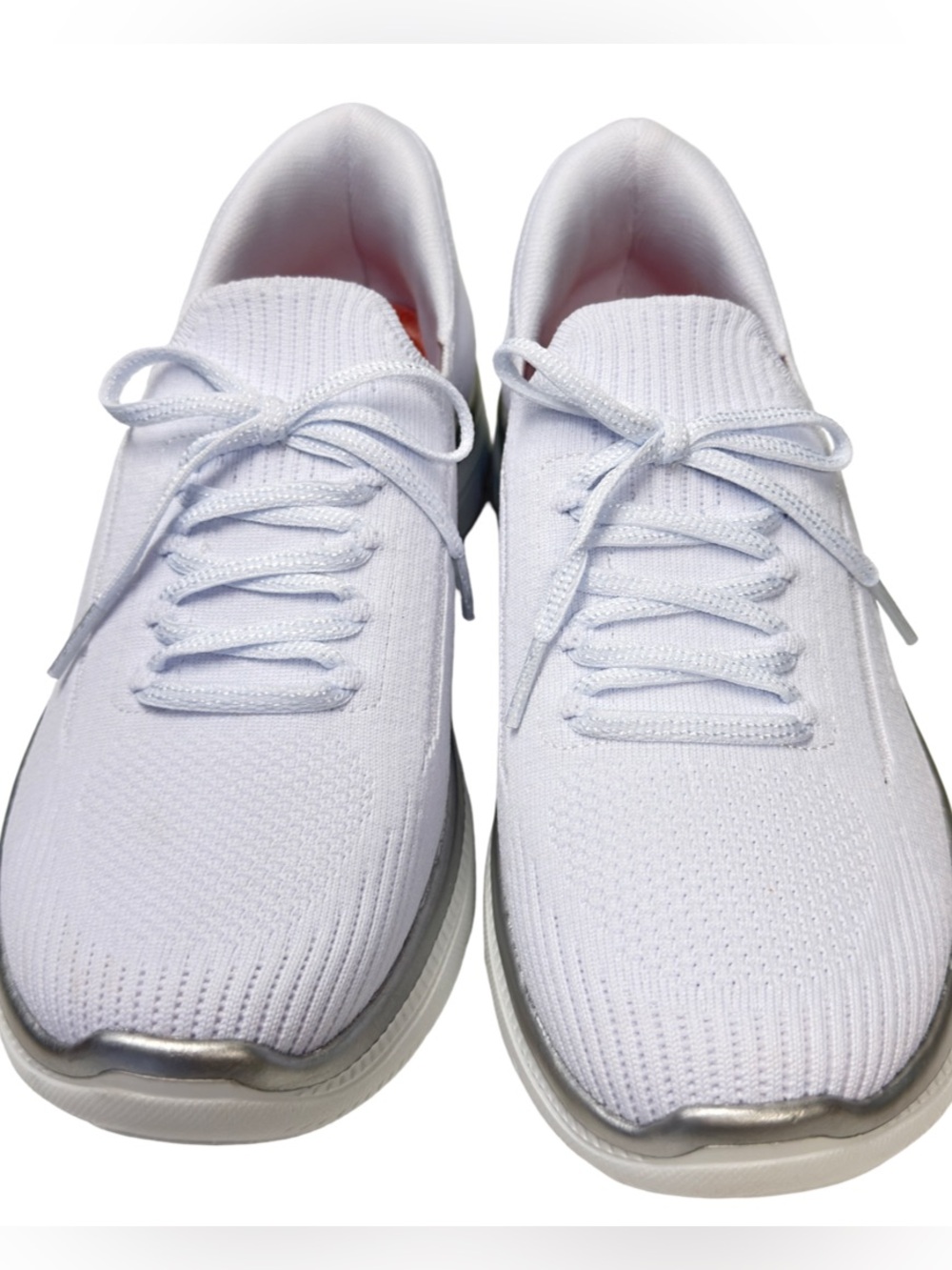 Skechers White Knit Lace-Up Slip-On Sneakers with Silver Trim - Picture 5 of 8